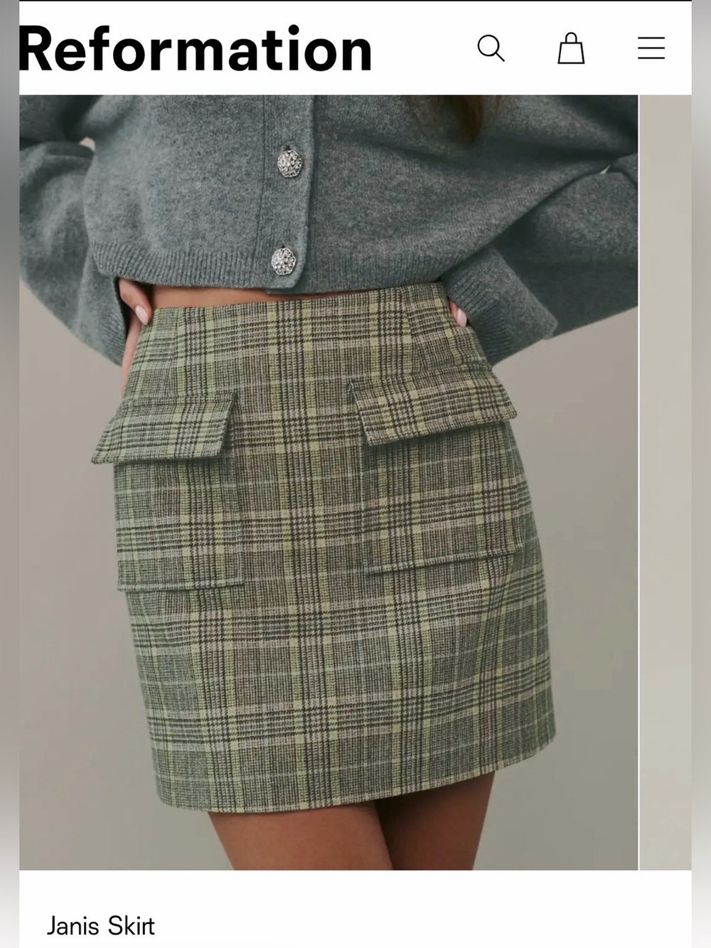 Reformation Janis Plaid Mini Skirt Size 4 Green Cream